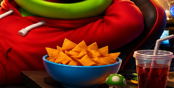 A bowl of chips and a drink beside the toad's red hoodie.